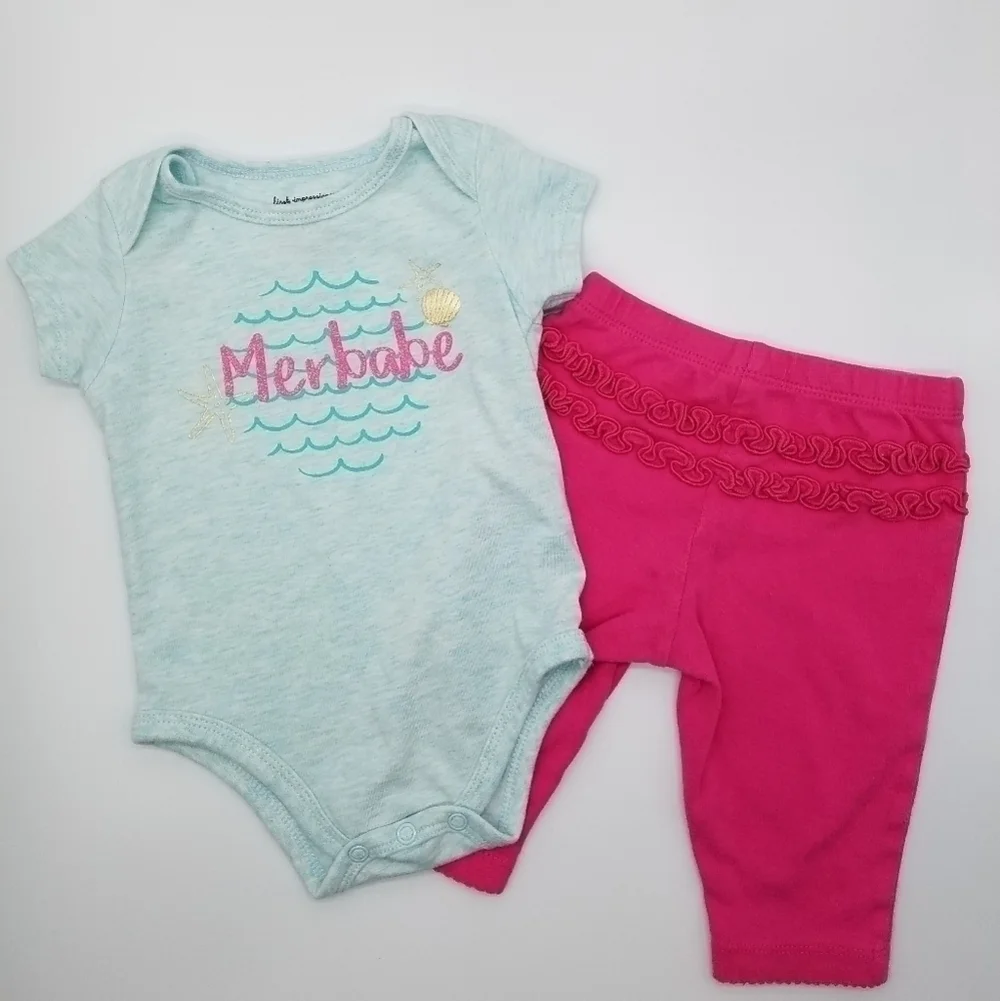 Mermaid Merbabe Beach Ocean Onesie Bodysuit Ruffle Pant 3-6m